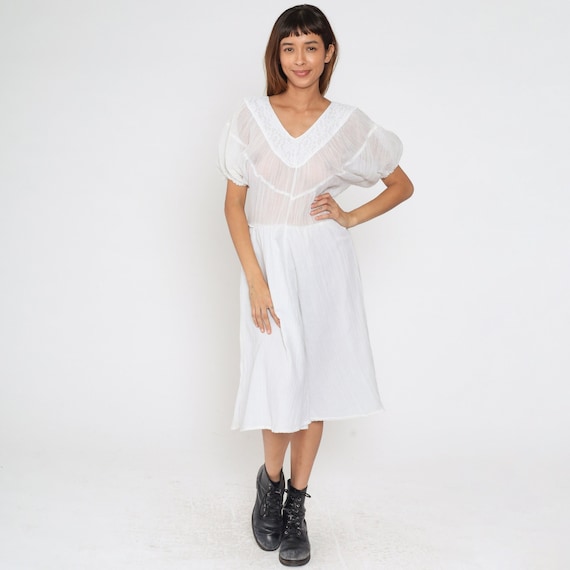 White Gauze Dress 80s Sheer Peasant Lace Dress Puff Sleeve Boho Dress V Neck Midi Vintage Hippie Bohemian High Waisted Extra Small xs 2