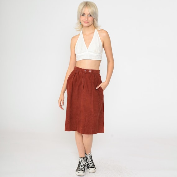 Vintage 80s Corduroy Skirt Rust High Waist Midi Skirt 1980s Preppy Burnt Orange Pocket Bohemian Fall Skirt Front Slit Knee Length Small S