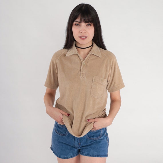 70s Terry Cloth Shirt Tan Polo Shirt Retro Short Raglan Sleeve Collared Shirt Preppy Collar Sporty Top Vintage 1970s Montgomery Ward Small S