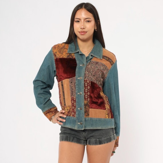 Patchwork Denim Jacket 2000s Velvet Corduroy Paisley Mixed Fabric Quilt Block Blue Burgundy Cotton Jean Coat Tapestry Cuff Collar Small S
