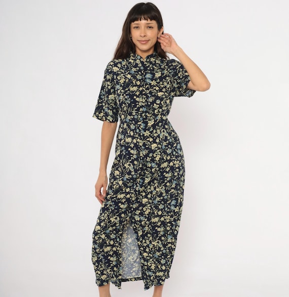 90s Floral Maxi Navy Button Front Short Sleeve Fitted Waist Dark Cottage Core Prairie Blue Cream Botanical Mandarin Collar Vintage Medium M