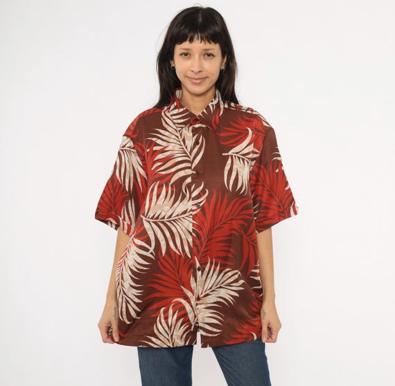 Y2K Havanera Palm Leaf Hawaiian Shirt Tropical  Rust Brown Cream Red Floral Vacation Beach Summer Resort Wear Relaxed Fit Extra Large XL