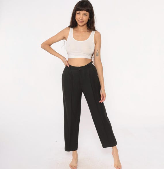 80s Wool Pants Blue High Waisted Pleated Waist Tapered Leg Ankle Cropped Trousers Dark Academia Preppy Nerdcore Corporate Vintage Medium M
