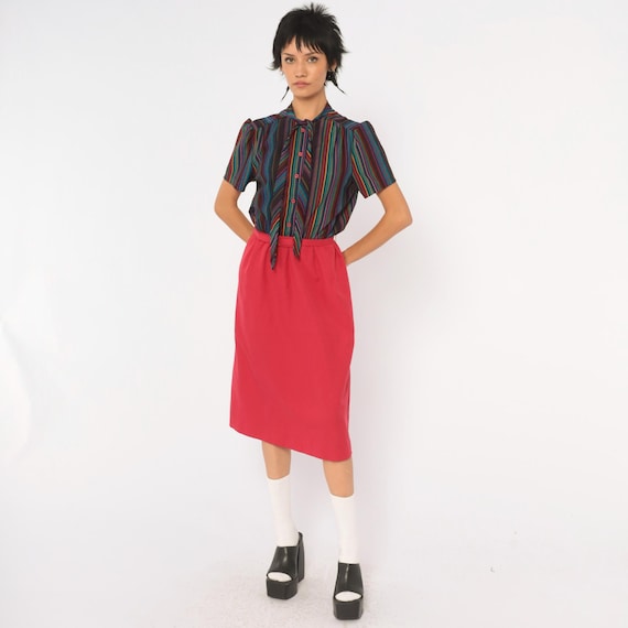 80s Rainbow Stripe Dress Pink Mock Neck Tie Collar Puff Short Sleeve Belted Waist A Line Teal Magenta Secretary Day Dress Vintage Medium M
