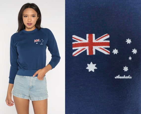 80s Australia Sweatshirt Dark Blue Australian Flag Slouchy Jumper Raglan Sleeve Pullover Retro 1980s Graphic Vintage Extra Small xs