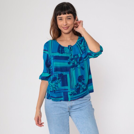 90s Floral Blouse Color Block Tonal Blue Tie Neck 3/4 Sleeve Top Scoop Neck Aqua 1990s Vintage Pullover Oversized Loose Blouse Rayon Medium
