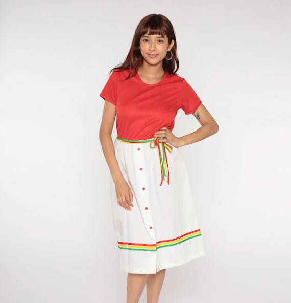 80s Colorblock Dress Rainbow Stripe Trim Coral Red White Belted Waist Short Sleeve Vintage Summer Spring Sundress Casual Cottagecore Large L
