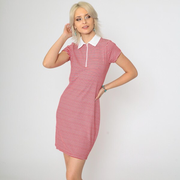 1990s Red Striped Polo Dress Vintage Short Sleeve Quarter Zip Front with White Collar Vintage 1990s Preppy Dress Short Sleeve Extra Small xs