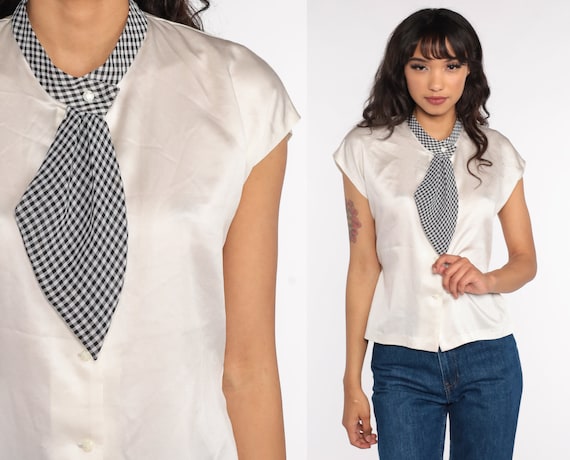 Satin Ascot Blouse 70s Ascot Shirt Secretary Blouse White Black Gingham Cap Sleeve Top Neck Tie Top Button Up Vintage 1970s Medium