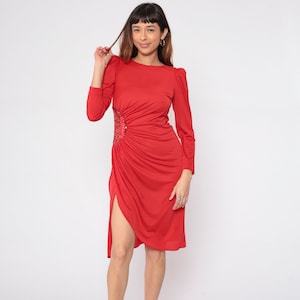 Vintage Red Party Dress 80s Sequin Draped Midi Dress Formal Long Puff Sleeve Grecian Disco Cocktail Retro Side Slit 1980s Small 4