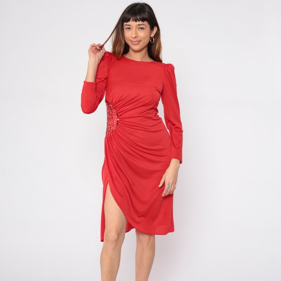 Vintage Red Party Dress 80s Sequin Draped Midi Dress Formal Long Puff Sleeve Grecian Disco Cocktail Retro Side Slit 1980s Small 4