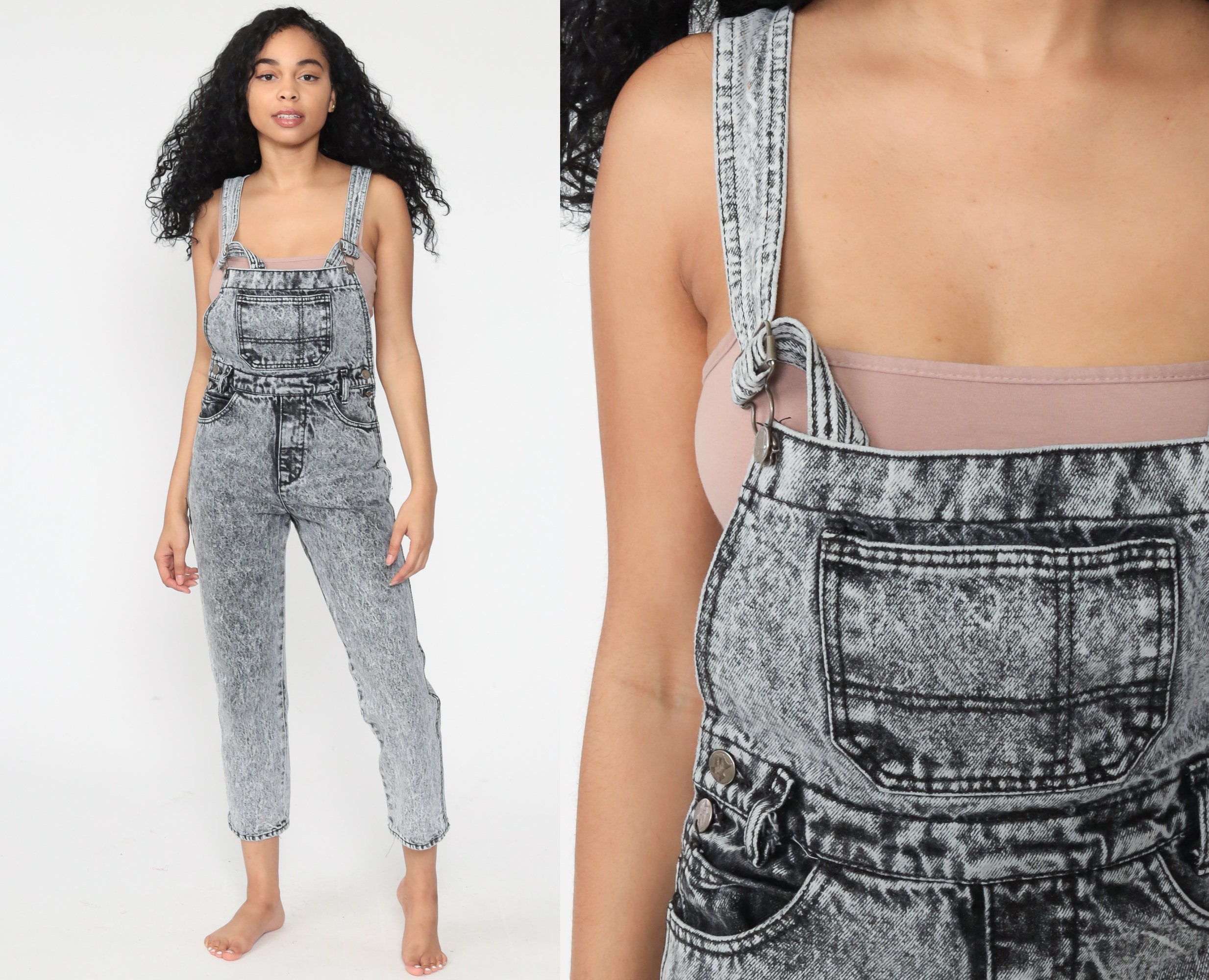 Acid Wash Overalls Pants 2xs Black Bib 