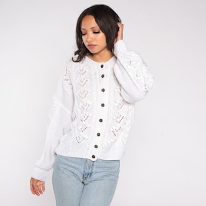White Lace Cardigan Vintage 80s Cottagecore Coquette Handmade Aesthetic Romantic Feminine Crochet Eyelet Delicate Vintage Boho Chic Large L