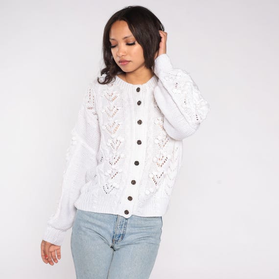 White Lace Cardigan Vintage 80s Cottagecore Coquette Handmade Aesthetic Romantic Feminine Crochet Eyelet Delicate Vintage Boho Chic Large L
