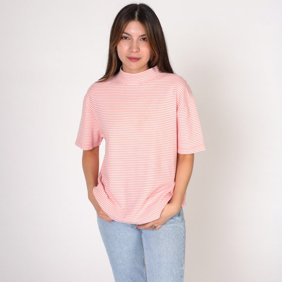 90s Striped Shirt Salmon Pink White T-Shirt Mock … - image 2