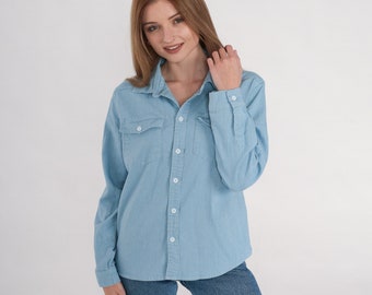90s Chambray Shirt Blue Soft Denim Button Up Blue Jean Long Sleeve Boyfriend Shirt Simple Chest Pocket Light Wash Vintage 1990s Small S