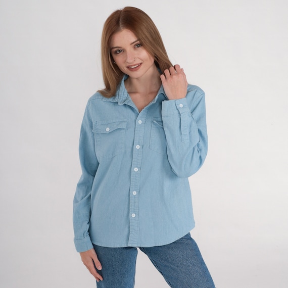 90s Chambray Shirt Blue Soft Denim Button Up Blue Jean Long Sleeve Boyfriend Shirt Simple Chest Pocket Light Wash Vintage 1990s Small S