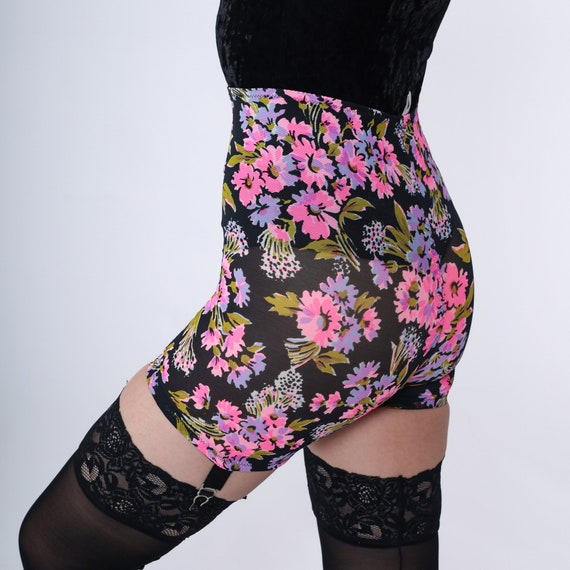 60s Panty Girdle Floral Shapewear Black Hot Pink Firm Shaping Panties Vintage 1960s Lingerie Pinup Garter Straps Shorts Hayes Extra Small xs