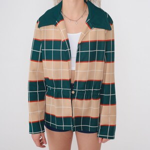 70s Blazer Windowpane Check Jacket Striped Checkered Print Deep V Neck Collared Jacket Top Disco Retro Tan Green White Vintage 1970s Large L image 7