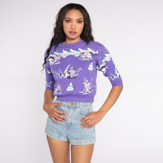 Cow Ski Sweatshirt Puff Paint Skiing Animal Sweatshirt 80s Animal Print Slouchy 1980s Sweater Vintage Purple Cropped Extra Small xs