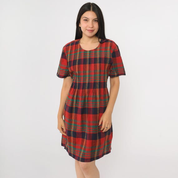 Plaid Mini Dress 90s Red Blue Green Checkered Print Dress 1990s Pleated Short Sleeve Vintage Shift Minidress Preppy Linen Cotton Large L