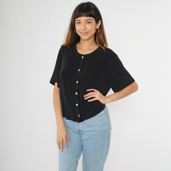 Vintage 90s Polka Dot Blouse Black White Monochrome Top Button Up Shirt Short Sleeve 1990s Retro Scoop Neck 16W xl