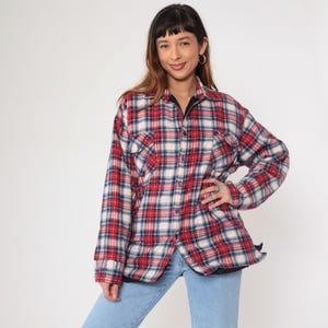 Dickies Insulated Plaid Shirt Vintage 90s Flannel Quilted Overshirt Red White Blue Button up Retro Lumberjack Checkered 1990s Men&#39;s Large