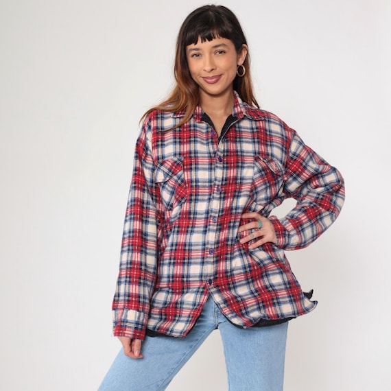 Dickies Insulated Plaid Shirt Vintage 90s Flannel Quilted Overshirt Red White Blue Button up Retro Lumberjack Checkered 1990s Men's Large