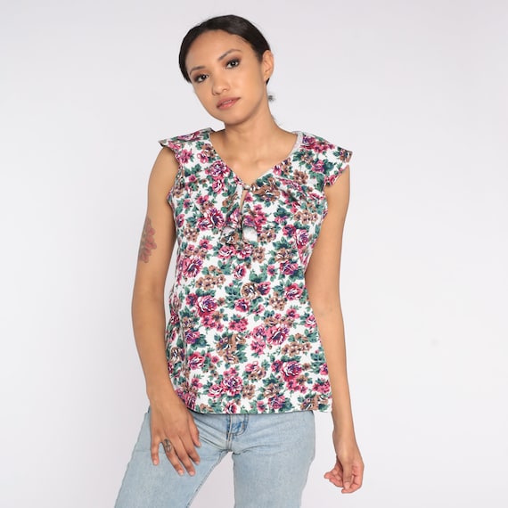 90s Floral Tank Top Ruffled Sleeveless Blouse Grunge Keyhole Shirt Boho Top Hippie Flower Print Girly Bohemian Summer Vintage 1990s Medium M