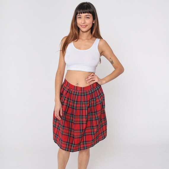 90s Red Plaid Skirt Pleated Midi Skirt Dark Academia Retro School Girl Skirt Tartan High Waisted Retro Vintage 1990s Medium