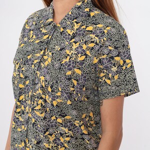 Black Floral Blouse 90s Button Up Shirt Retro Short Sleeve Top Flower Print Casual Hippie Summer 1990s Vintage Purple Yellow Small S image 6