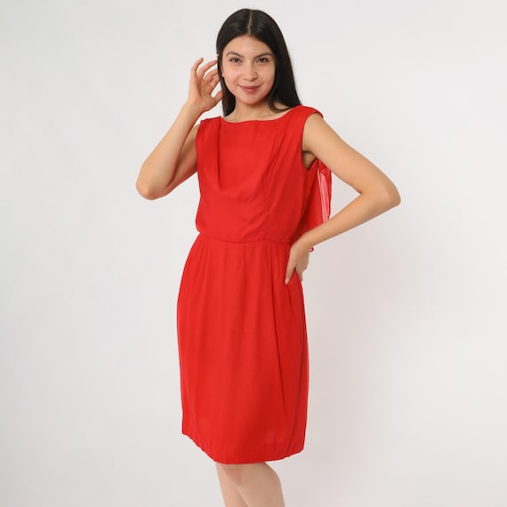 60s Red Dress Chiffon Date Night Sleeveless Boat Neck Ruffle Cocktail Valentine's Day Romance Mod Style Evening Party Dinner Medium M 14
