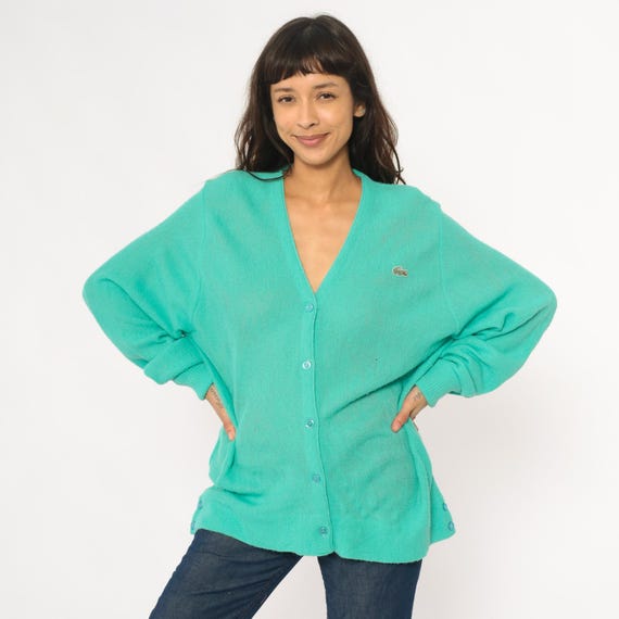 Turquoise Lacoste Cardigan 80s Izod Teal Aqua Green V Neck Preppy Knit Sweater Long Sleeve Unisex Vintage Grandpa Collegiate Casual Medium M