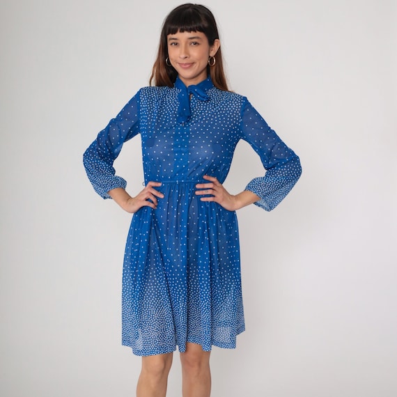 Sheer Secretary Dress 80s Blue White Polka Dot Ascot Tie Neck Long Sleeve Vintage Office Party Gradient Ombre Print Romantic Small Medium