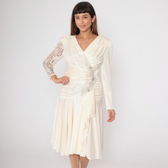 Vintage Off-White Lace Dress 80s Beaded Sequin Sheer Puff Sleeve Wrap V-Neck Midi Party Dress Long 1980s Going Out Evening Cascade Small