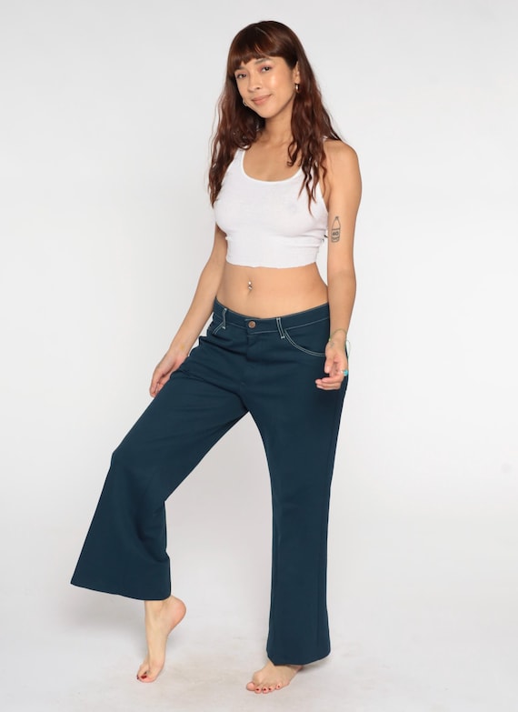 70s Flared Pants Farah Dark Teal Blue White Stitching Low Rise Hip Hugger Vintage Trousers Hippie Wide Leg Bell Bottom Style Groovy Large L