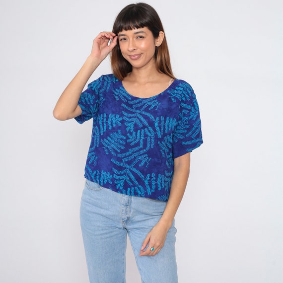 Tropical Leaf Shirt 90s Blue Scoop Neck Blouse Jungle Shirt Short Sleeve Retro Top Hippie Vintage Botanical Pullover 1990s Oversized Small