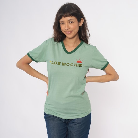 Los Mochis Ringer Tee Mint Green Y2K Graphic Mexico Sunrise Logo Short Sleeve Vintage Fitted Womens T-Shirt Sage Forest Green Trim Medium M