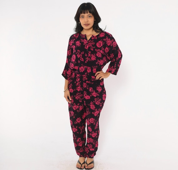 90s Floral Jumpsuit Black Pink Rose Button Front V Neck Dolman Sleeve Joni Blair One Piece Romper Pantsuit Grunge New Wave Vintage Medium M