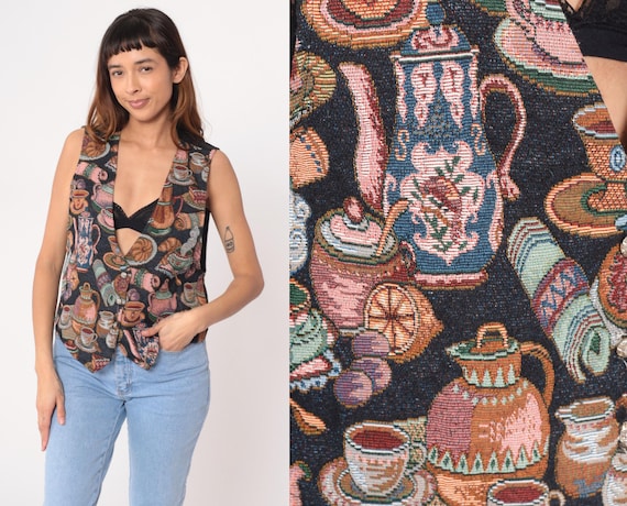 Coffee Tapestry Vest 90s Black Weave Tea Cups Teapots Novelty V Neck Sleeveless Vintage Cotton Barista Cafe Kitchen Grandma Nerdcore Large L