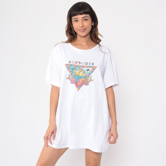 Hawaii Shirt 90s Tropical Fish T Shirt Dress Graphic TShirt Tropical Turtle Tee Vintage 1990s Travel Hawaiian Longline Extra Large xl