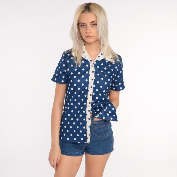 Polka Dot Shirt 70s Top Button Up Shirt Blue Blouse Boho Disco 1970s Dagger Collar Nerd Geek Vintage Short Sleeve Brown Retro Small Medium