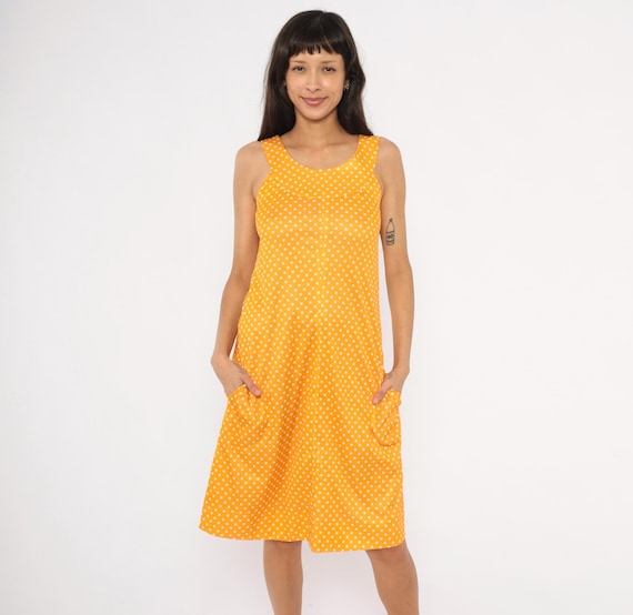 70s Polka Dot Sundress Yellow White Sleeveless Knee Length Fit Flare Tank Summer Rockabilly Pin Up Empire Waist Pocket Vintage Frock Small S