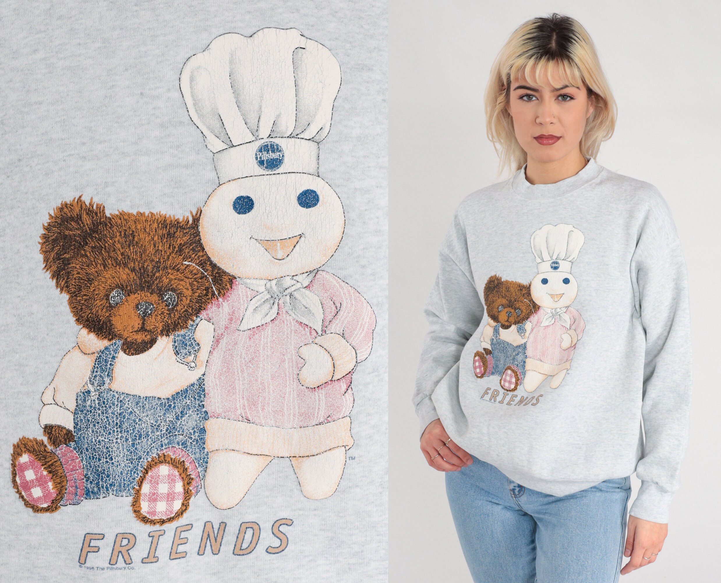 Pillsbury Doughboy Sweatshirt 90s Teddy Bear Sweater Friends Graphic Shirt  Retro Cute Granny Pullover Heather Grey Vintage 1990s Large L
