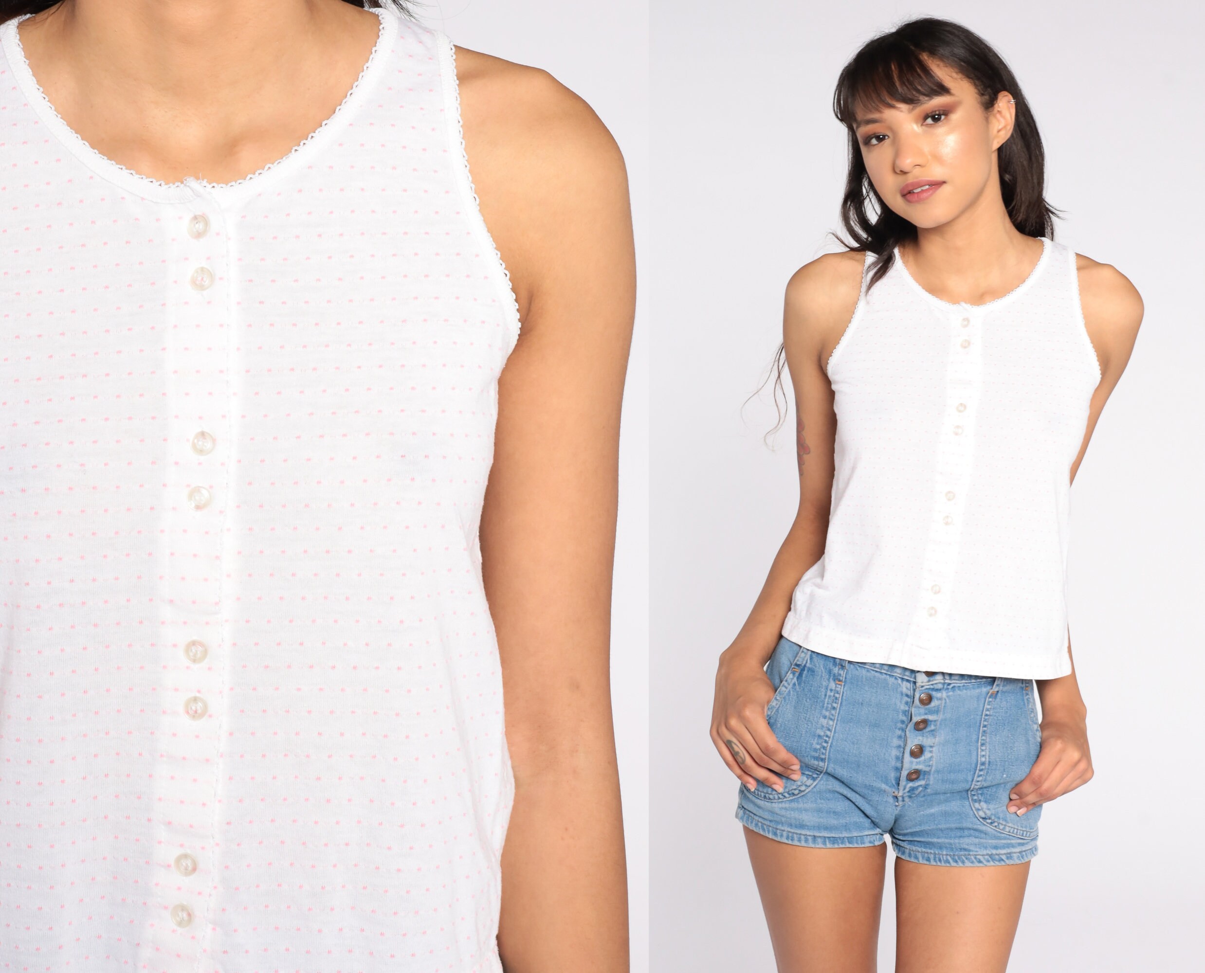 Vintage White Tank Top 80s Polka Dot 