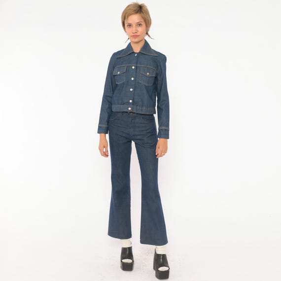 80s Denim Two Piece Set Cobalt Blue Cropped Jacket Flare Jeans Western Cotton High Waist Bell Bottom Bogart of Texas Extra Extra Small XXS