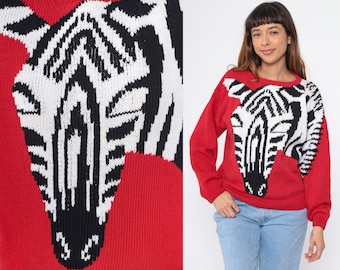 90s Zebra Sweater Red Graphic Animal Print Pullover Knit Sweater Jacquard Jungle Novelty Print Crewneck Sweater Vintage 1990s Cotton Small