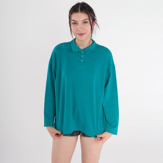 Teal Green Shirt 90s Long Sleeve T-Shirt Collared Top Long Sleeve Preppy Plain Basic Tee Polo Shirt Minimalist Casual Vintage 1990s Medium M