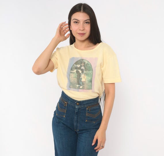 Panda Photo Print Tee 90s Heart Graphic Top Butter Yellow Cotton Shirt Novelty Animal Heart Quirky Summer Zoo Trip Souvenir Vintage Small S
