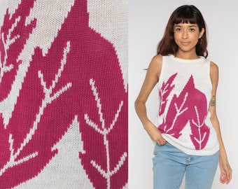 Tropical Leaf Tank Top 80s Sweater Vest Top White Knit Shirt Fuchsia Retro Sleeveless Sweater 1980s Ramie Cotton Vintage Medium